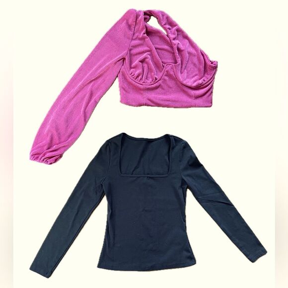 SHEIN Pack of 2 Women’s Size M Tops Pink Shiny One Sleeve Crop Top Black Tee - Picture 1 of 9